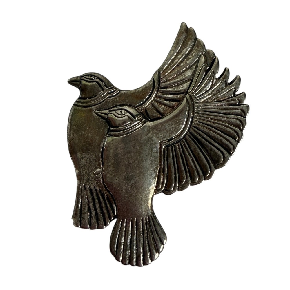 Laurel Burch Vintage Silver Tone Double Bird Flight‎ Brooch Pin Figural Art